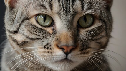 Naklejka premium A captivating closeup of a tabby cats face, highlighting its striking green eyes and adorable features, showcasing the beauty of domestic animals in detail