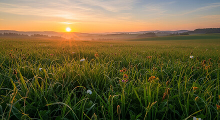Scenic Tranquil Sunrise Over Green Meadow With Wildflowers Landscape