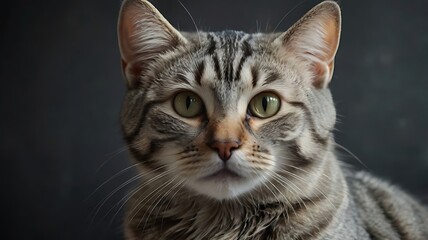 Closeup portrait of a cute tabby cat with green eyes looking directly at the camera, showcasing its beautiful fur and adorable features against a dark background