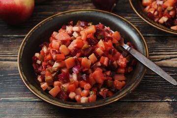 A bowl with traditional Rosolli salad, Finnish cuisine	