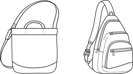 Modern handbag and sling backpack line art, stylish bags illustration, fashion accessories, leather texture, zipper detail, trendy casual bags, vector drawing