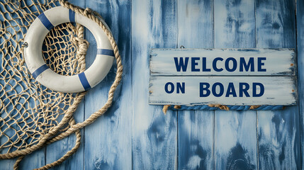 Nautical Welcome Aboard Decor Life Preserver and Fishing Net on Weathered Blue Wood Background, Sea themed signage, coastal ambiance, marine motif, vacation greeting, weathered and rustic