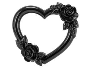 Ornate dark metallic heart shape frame decorated with sculpted roses and leaves isolated on transparent background