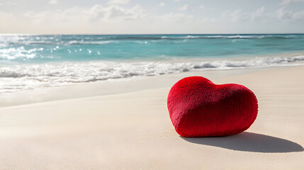 Fototapeta premium Heart Beach Love Romance Romantic Red heart shape on sandy beach with turquoise sea water and blue sky background, Valentines day honeymoon vacation coastal getaway destination conceptual design
