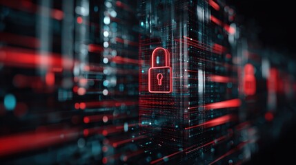 Digital padlock icon glowing red on a dark futuristic background with abstract data streams and binary code, symbolizing cybersecurity and data protection