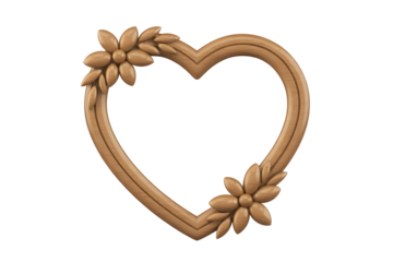 Elegant wooden heart shaped frame with delicate floral carvings isolated on transparent background