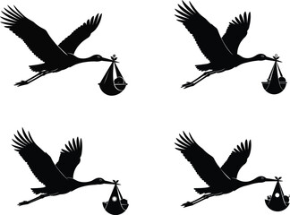 Stork vector illustration, baby delivery concept, flying bird silhouette, newborn arrival symbol, black and white graphic, folklore birth icon, bundle carrier design