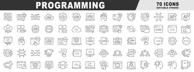 Clean outline programming icon set for coding, software development, web apps, API, cloud, DevOps, debugging, workflow, AI, vector, editable stroke
