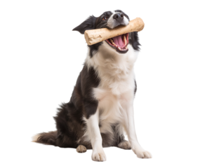 Happy Border Collie Dog with Favorite Chew Bone  isolated on a transparent background