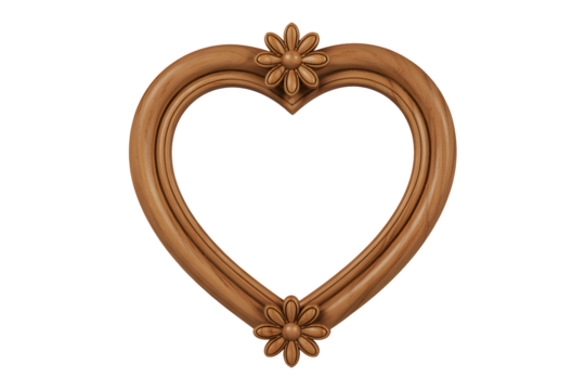 Ornate vintage golden heart shaped frame with floral embellishments isolated on transparent background