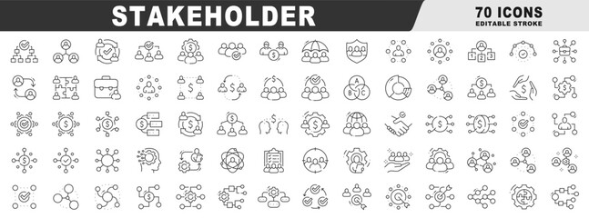 Outline stakeholder icons for management, engagement, mapping, analysis, governance, teams, finance, business, networks, charts, diagrams; clean line style, editable stroke