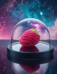 Fresh Raspberry Enclosed in Glass Dome with Cosmic Background