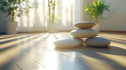 Sunlit room, stones stacked
