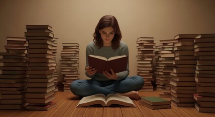 A focused young woman reads a book while sitting on the floor, enclosed by walls made of book stacks. A concept of deep immersion in literature or intense studying.