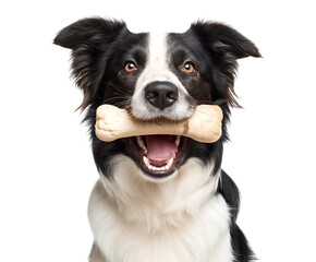 Happy Border Collie Holds Bone: A Cheerful Pet Portrait  isolated on a transparent background