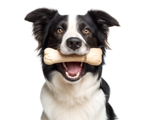Happy Border Collie Holds Bone: A Cheerful Pet Portrait  isolated on a transparent background