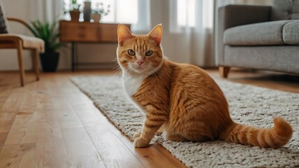 A ginger tabby cat sits gracefully on a rug in a cozy home, its expressive eyes capturing the viewers attention with a charming and inviting portrait