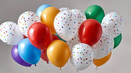 Colorful balloons in various shapes and sizes, featuring polka dots and solid colors, create a festive atmosphere, perfect for celebrations, parties, and joyful occasions, enhancing the celebratory mo