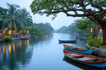 Obraz premium Traditional vietnamese wooden boats resting on calm river at twilight in hoi an