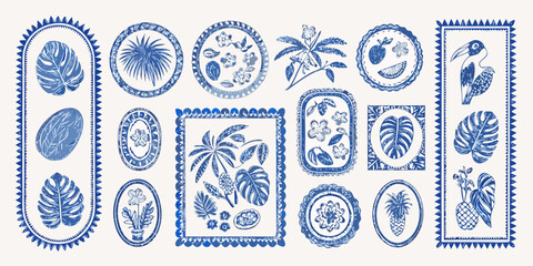 Collection of blue tropical botanical illustrations and frames with palm leaves flowers and fruits