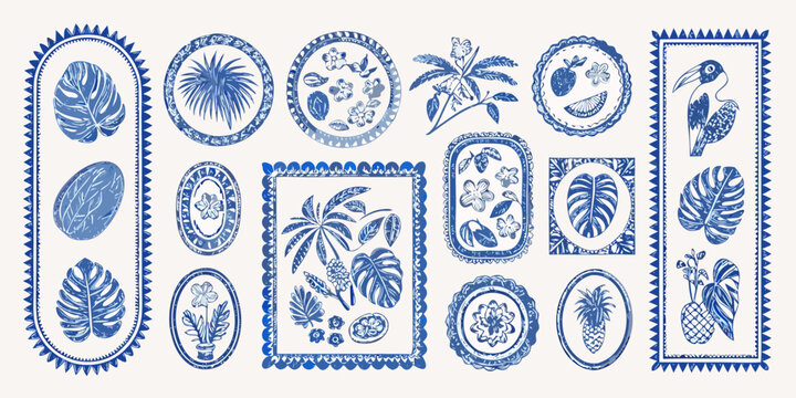 Collection of blue tropical botanical illustrations and frames with palm leaves flowers and fruits