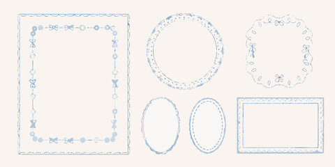 Collection of delicate blue watercolor borders and frames with playful bow and circle designs © Apurba