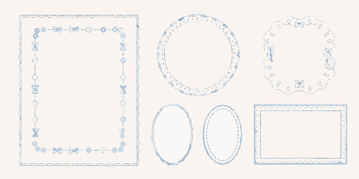 Collection of delicate blue watercolor borders and frames with playful bow and circle designs