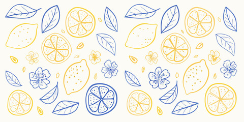 Charming hand drawn pattern of yellow lemons and blue leaves with delicate flowers on a white background