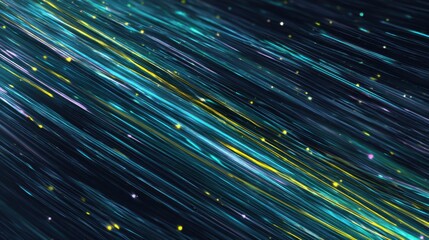 Abstract digital illustration featuring vibrant streaks of blue, yellow, and green light moving dynamically across a dark background, creating a sense of motion and energy