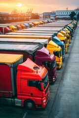 Colorful fleet of trucks parked in a row at sunset, showcasing vibrant hues of red, yellow, and blue, highlighting the logistics and transportation industry