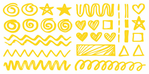 Collection of hand drawn yellow shapes and lines including stars hearts swirls zigzags squares and triangles on a white background