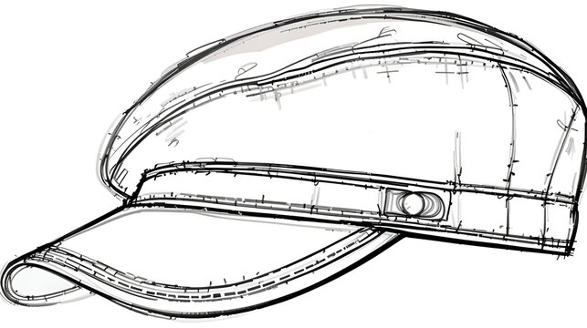 Technical flat sketch of a unisex cadet cap with curved visor, structured panel construction, topstitching details, and embroidered logo, isolated on white background

.