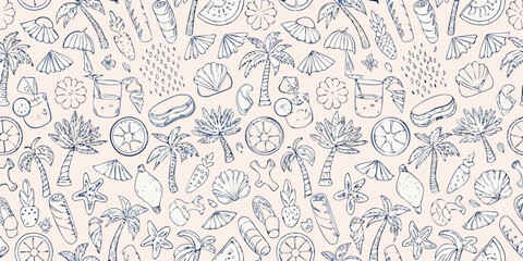 Hand drawn summer beach vacation elements pattern with palm trees and tropical drinks
