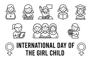Flat Vector Icons for International Day of the Girl Child, Girls Education, Diversity, Equality, Empowerment Illustration