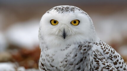 Obraz premium A striking snowy owl with bright yellow eyes gazes into the camera, showcasing its beautiful white and speckled feathers.