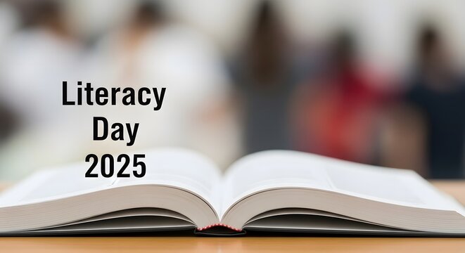 An open book rests on a wooden desk with a blurred classroom background, symbolizing the importance of education, knowledge, and literacy awareness