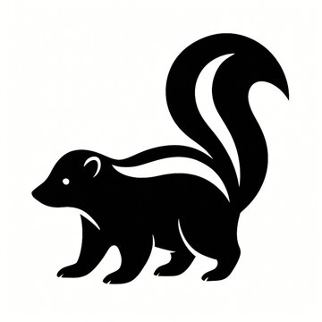 A distinct black silhouette of a skunk with its tail raised, suitable for animal-themed designs. White background. Vector art.