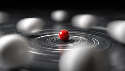 A single red sphere rests at the center of concentric ripples on a dark surface, surrounded by numerous off-white spheres that appear blurred due to motion