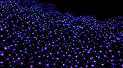 Abstract 3d render of a dense purple molecular network structure with glowing nodes, dark background