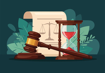 Flat illustration of gavel and hourglass symbolizing justice, law, and the passage of time in legal proceedings