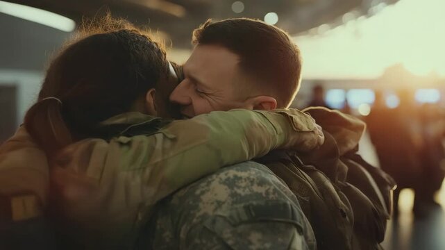 Emotional reunion between soldier and loved one in airport setting