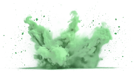 Green powder explosion with dust particles on transparent PNG background for creative projects and design use