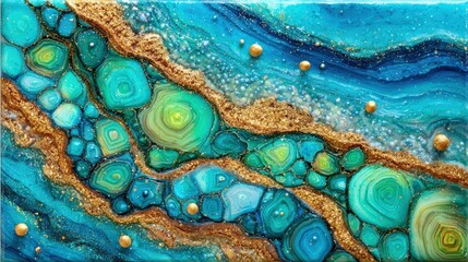Abstract fluid art with swirling turquoise, teal, and emerald green patterns accented by shimmering gold glitter and small golden beads