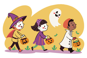 Happy Children Trick or Treating in Halloween Costumes with Ghost Vector Illustration