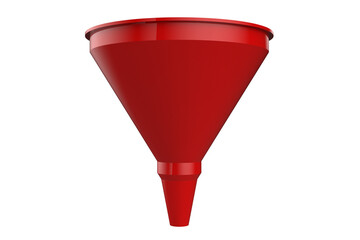 Vibrant Red Plastic Funnel: Essential Liquid Transfer Tool for Automotive, Kitchen, and Lab Tasks. Isolated High-Resolution PNG for Car Maintenance, Fluid Filling, and General Utility.