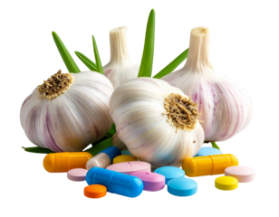 Garlic Bulbs with Medicine Pills and Capsules Concept, isolated on transparent background.