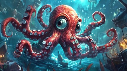 Obraz premium Cartoon kraken character, kindhearted design for gaming concept.