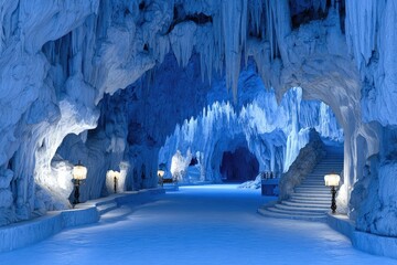 Icy cavern hallway, lit by soft light
