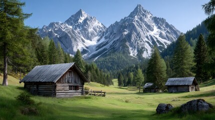 Wooden huts nestled in an alpine meadow with majestic peaks towering above