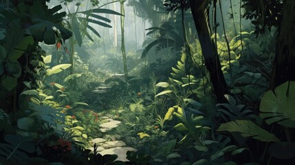 A stone path winds through a dense jungle filled with lush green foliage and vibrant red flowers